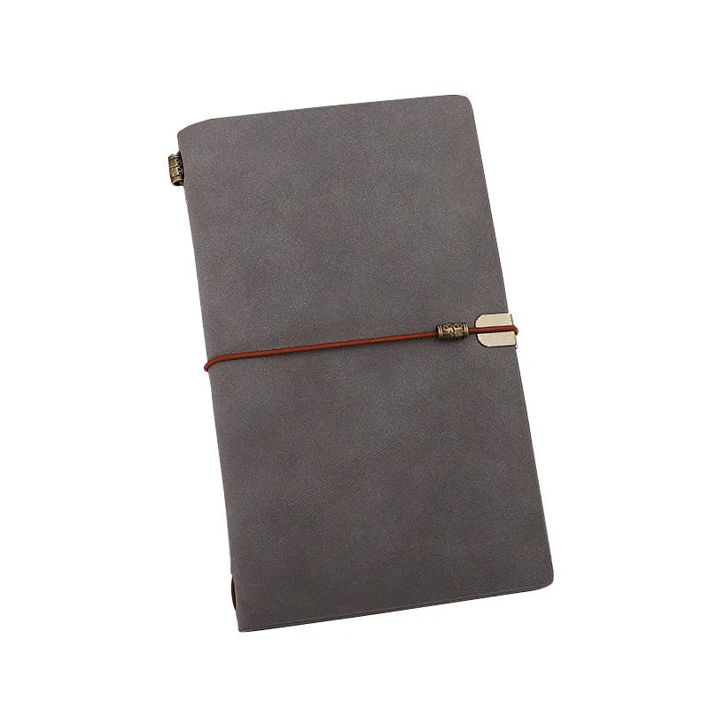 A6 diary notebook with cowhide rope design on imitation leather cover, showing wireless binding and available in grey, pink, or red colours