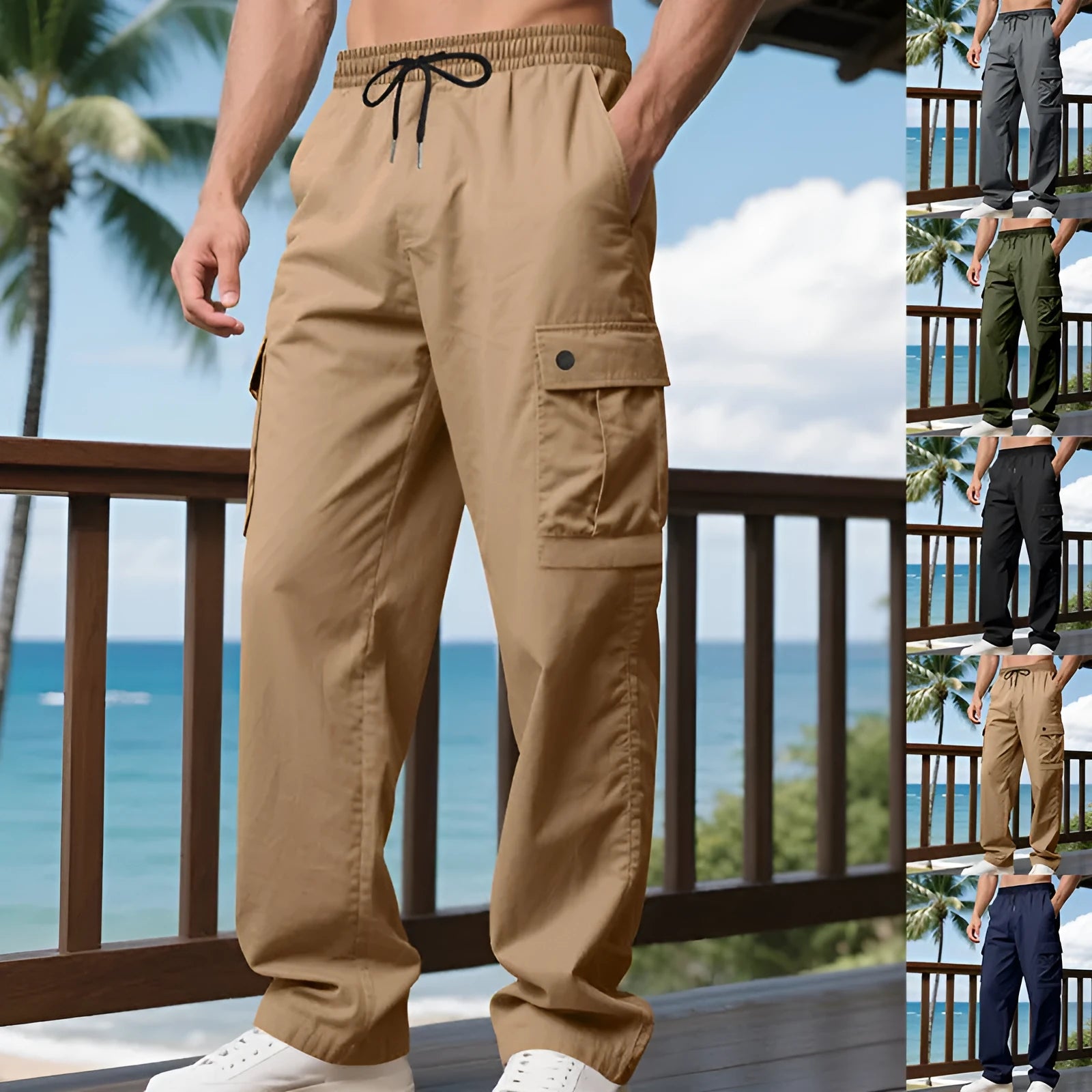 Men's multi-pocket cargo pants in dark gray with loose straight leg and multiple side pockets