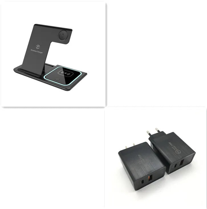 Three-in-one wireless charger folding stand in space black charging a phone, watch, and headset