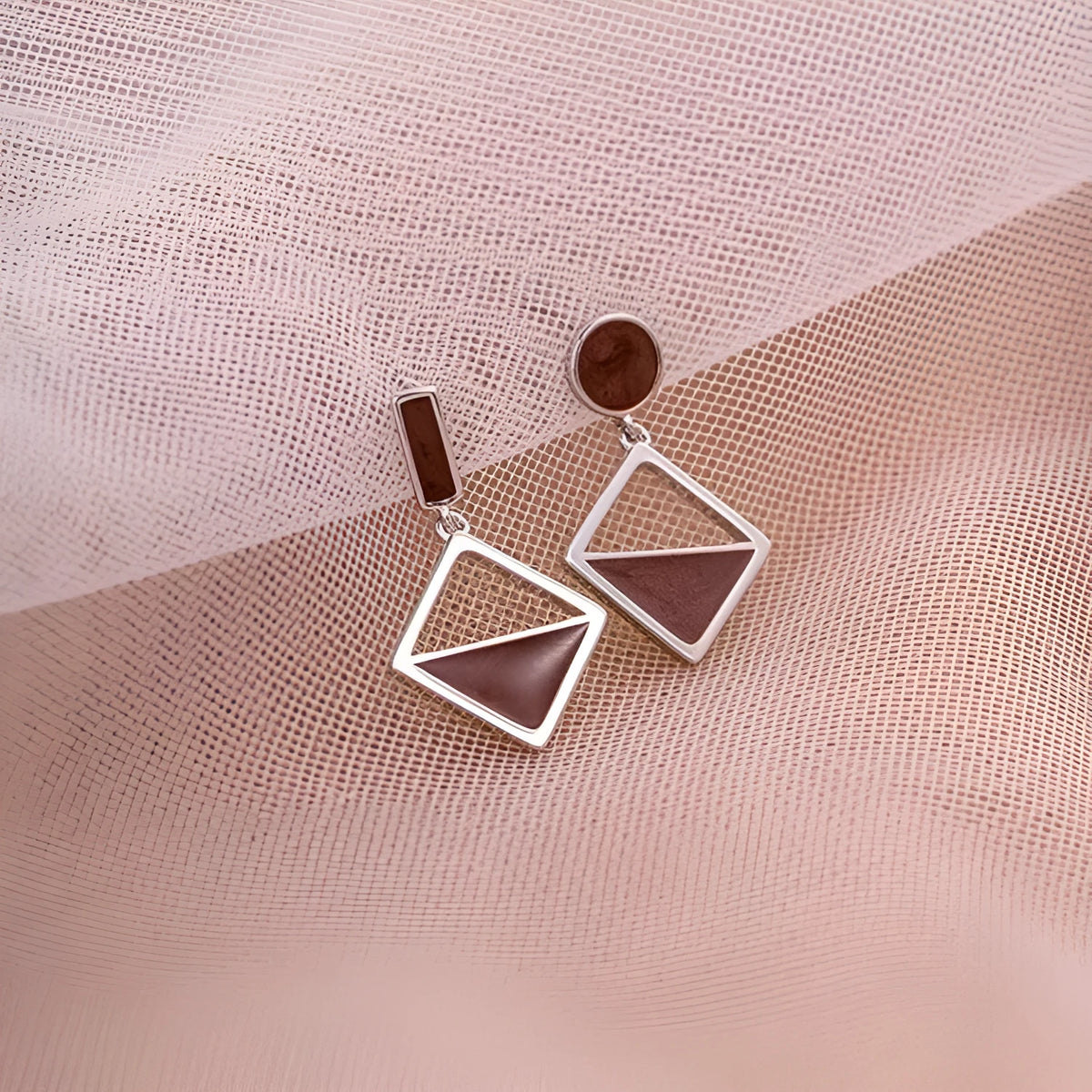Brown asymmetrical 925 sterling silver stud earrings with love motif and electroplated finish, set of 2