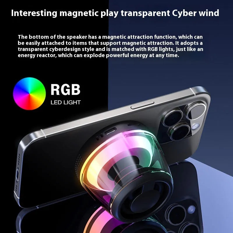 Portable white Bluetooth speaker with ambient lighting and magnetic base for desktop use