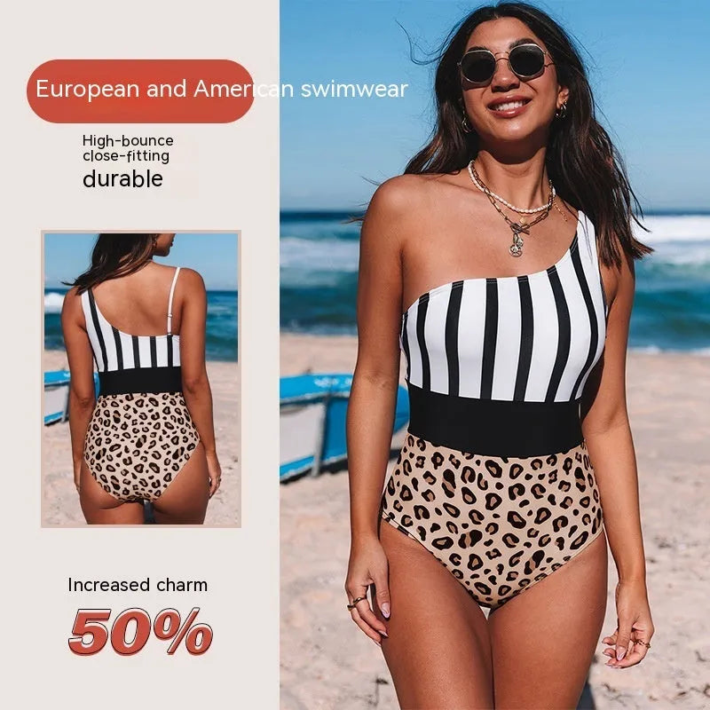 Women's leopard print one-piece swimsuit with asymmetrical collar and high-waist design