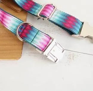 Pattern dog collar and traction lead set in polyester webbing, green or red, sizes XS to XL