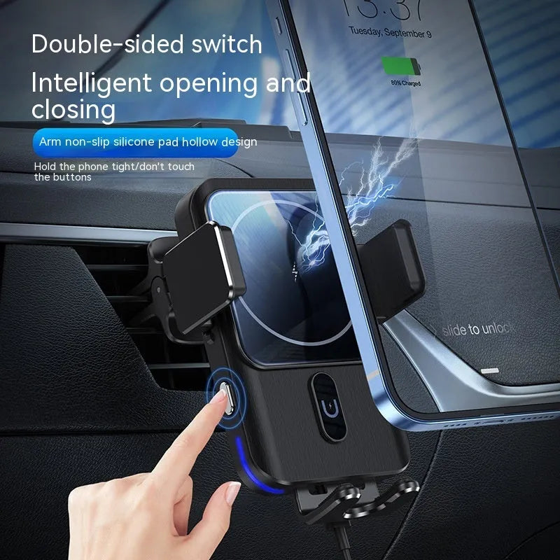 Black car wireless phone charger with 15W power shown with suction cup and clip mounting options