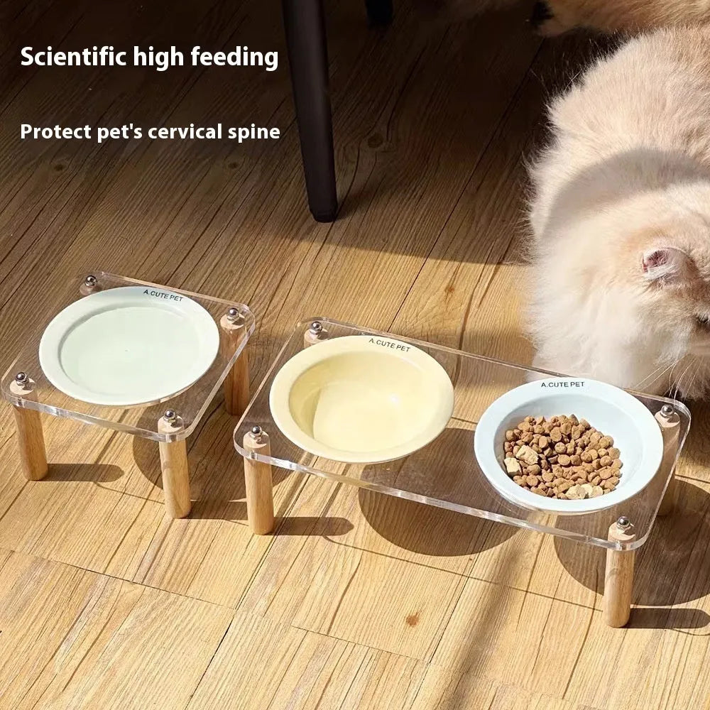 Cream yellow single ceramic cat bowl with wooden rack, anti-tumble design for elevated cat feeding