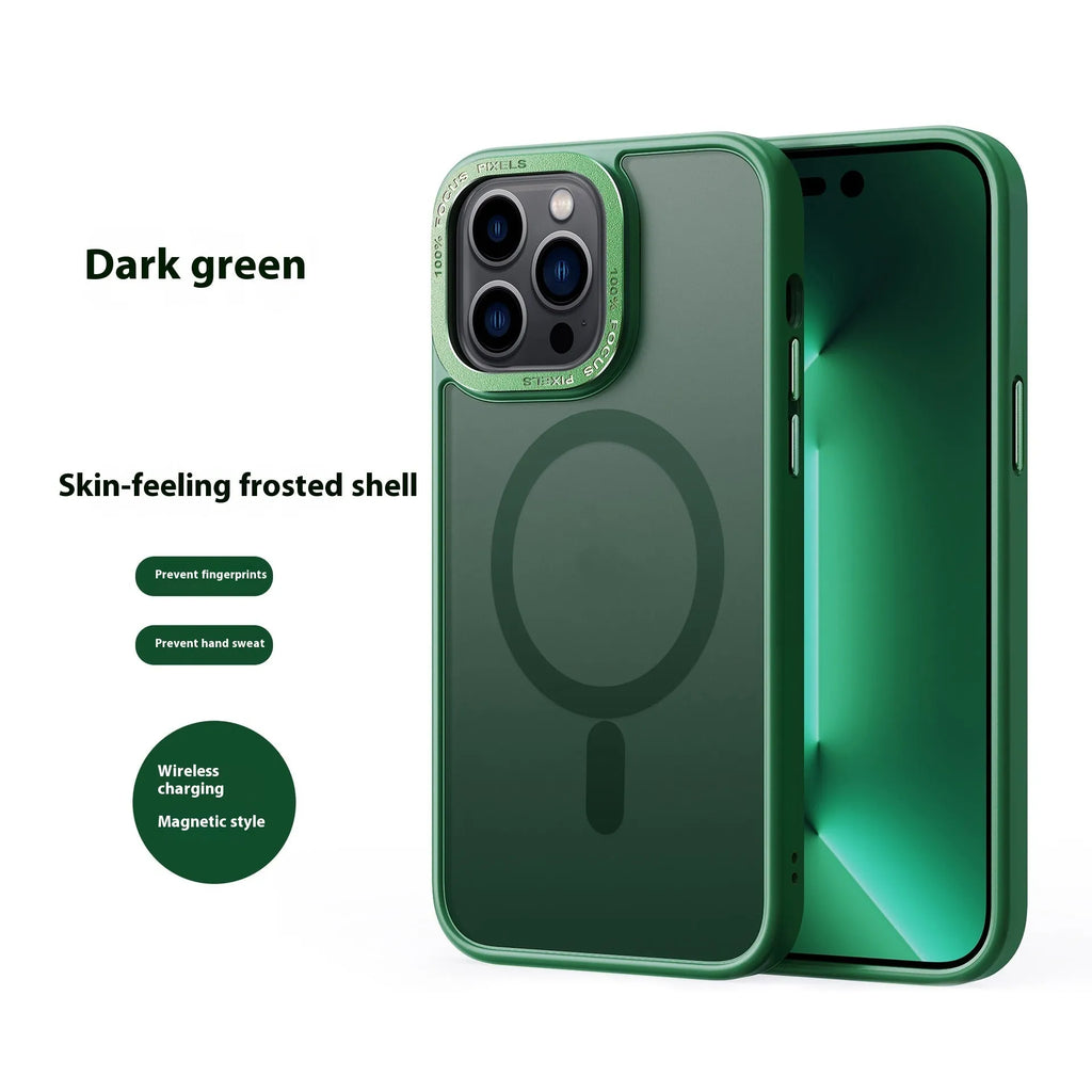 Frosted skin feel magnetic phone case for iPhone 14 Pro in black with metal buttons and photo frame