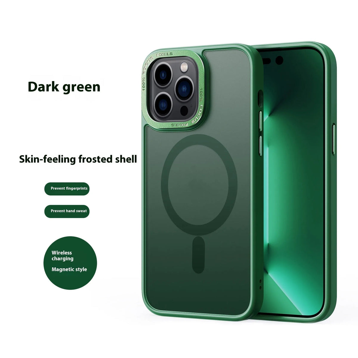 Frosted skin feel magnetic phone case for iPhone 14 Pro in black with metal buttons and photo frame