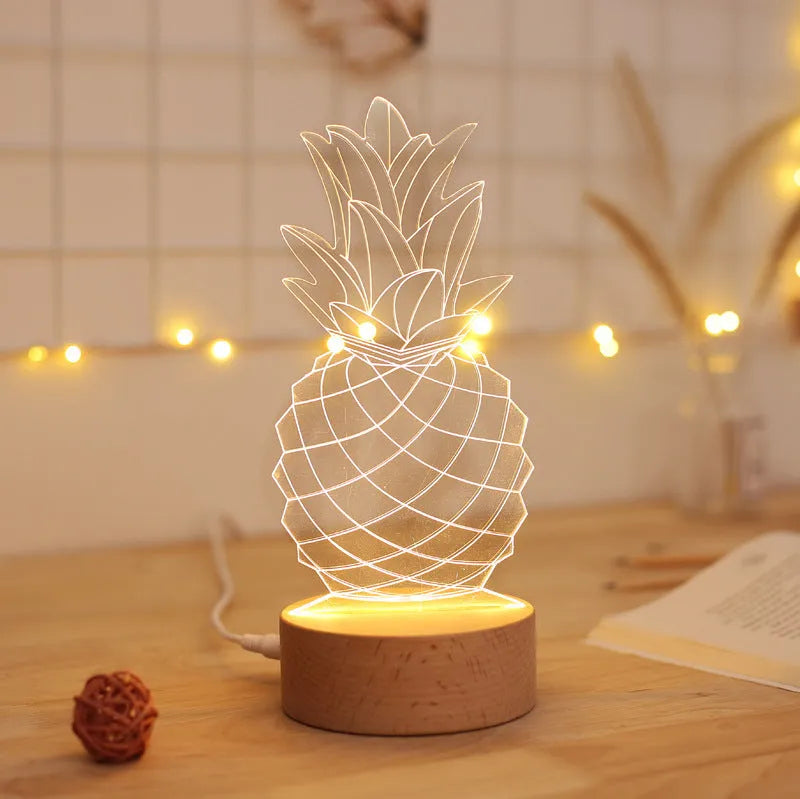 Pineapple-shaped dimmable bedside table lamp with wood and acrylic construction on a nightstand.