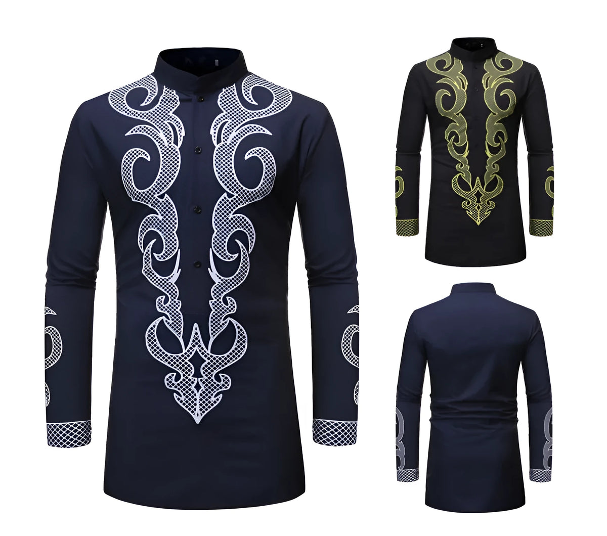 African dashiki print polyester shirt for men long sleeves plain pattern black