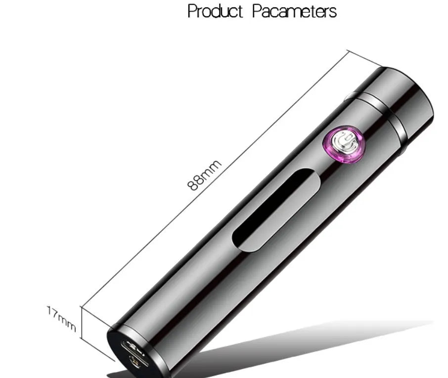 USB electronic cigarette lighter with metal cylindrical body, 8.4 x 1.4 cm, in black colour option