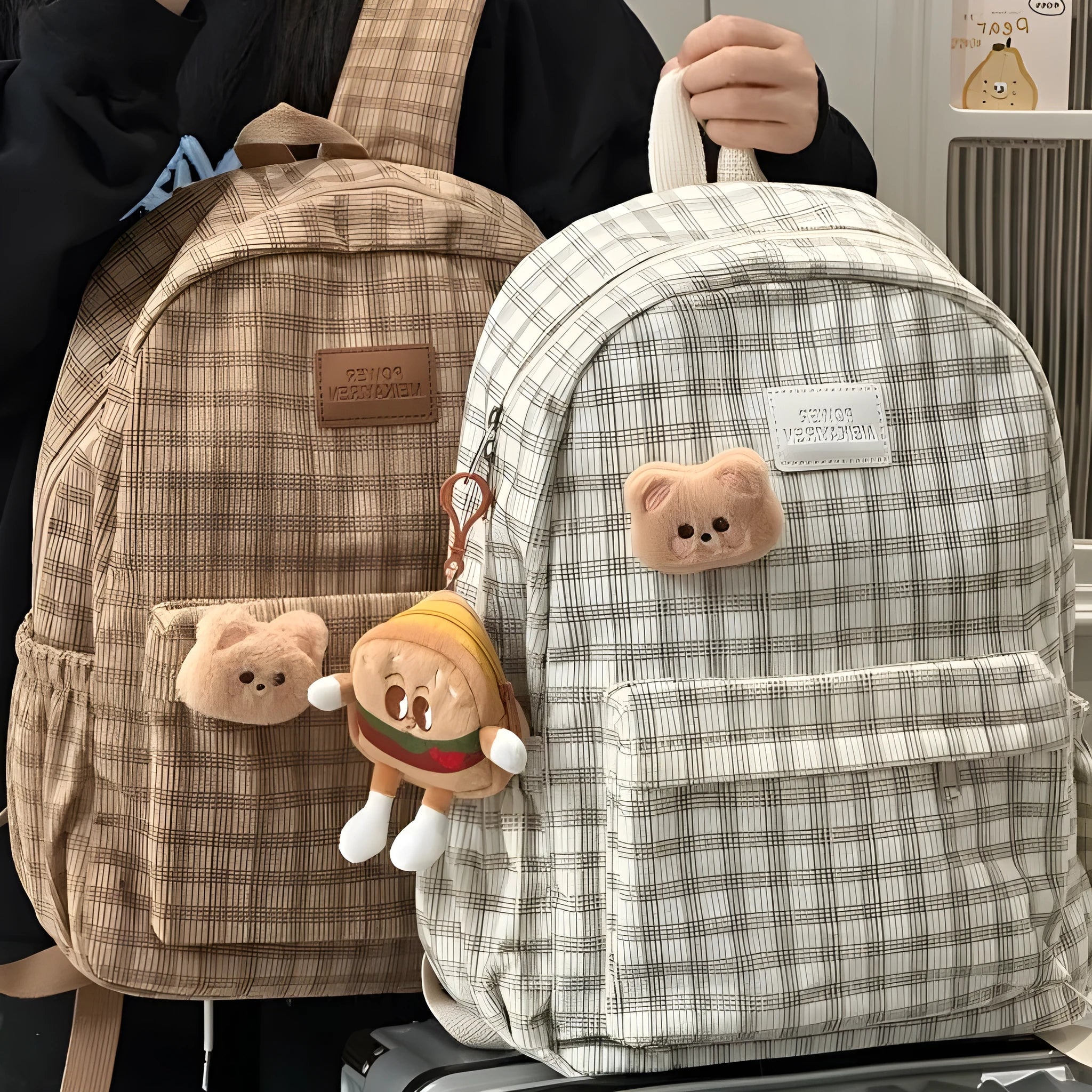 Japanese Ins campus retro checked corduroy backpack in khaki with computer pocket and 42x30x15cm dimensions