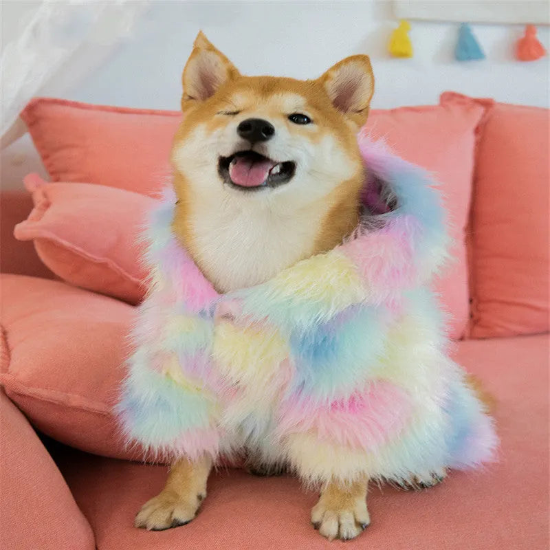 Colourful rainbow little monster pet winter coat in cotton polyester blend, sizes XS to XL