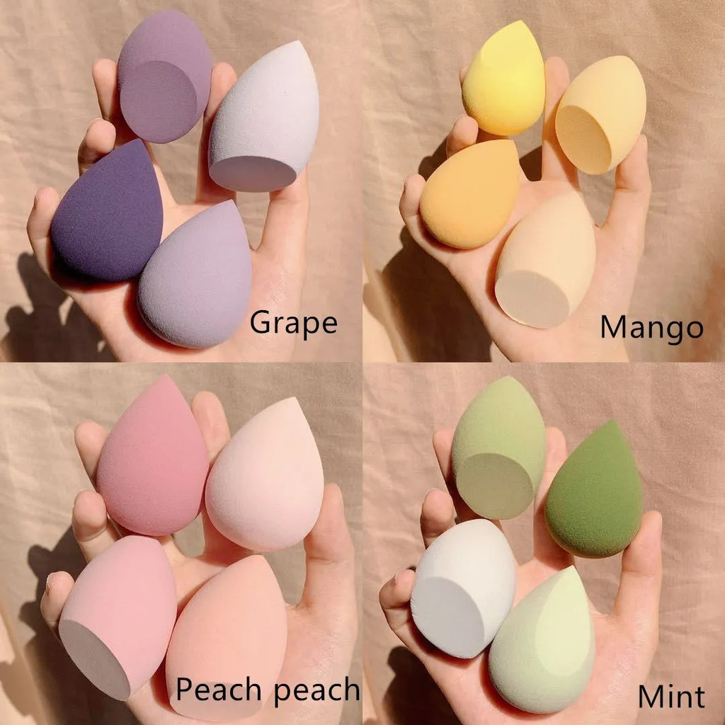 Makeup egg box with 4 synthetic sponge eggs in Grape, Mango, Mint, and Peach colours