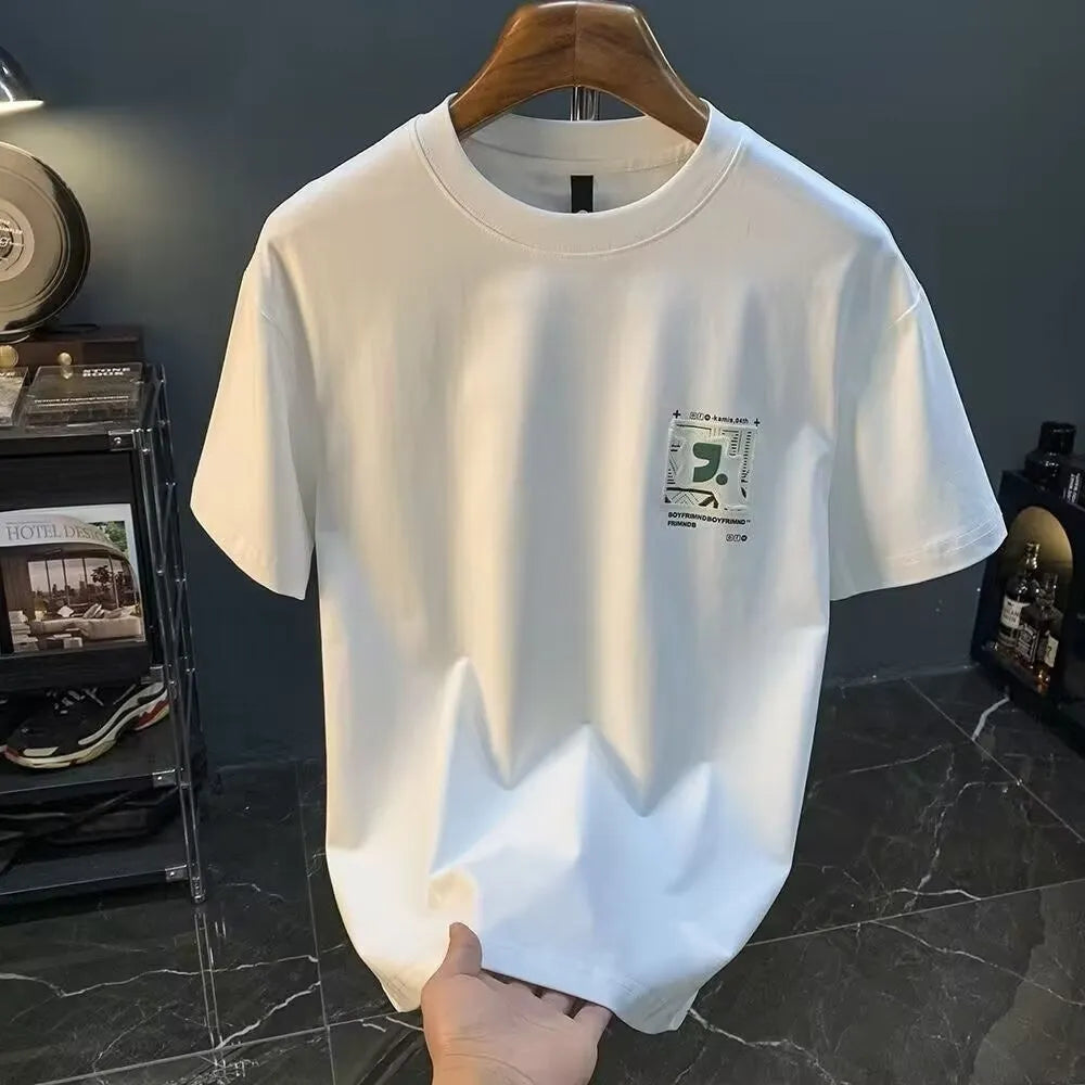 Men's milk silk loose half sleeve t-shirt with bold letter print in black, front view
