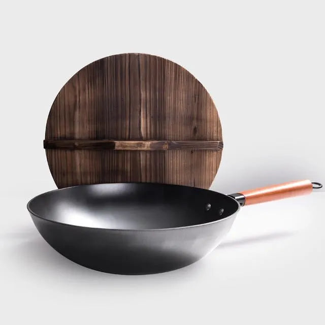 Traditional black iron wok with wooden handle, 40cm diameter base