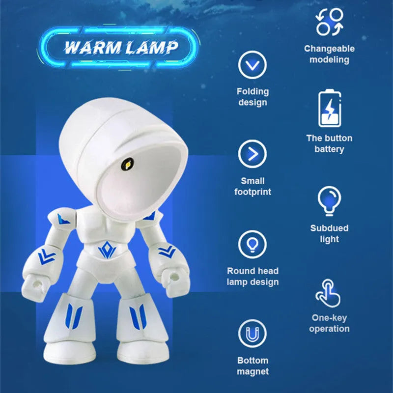 Mini LED hero robot night light with warm glow, adjustable arms, and 360-degree rotating head on a wooden shelf