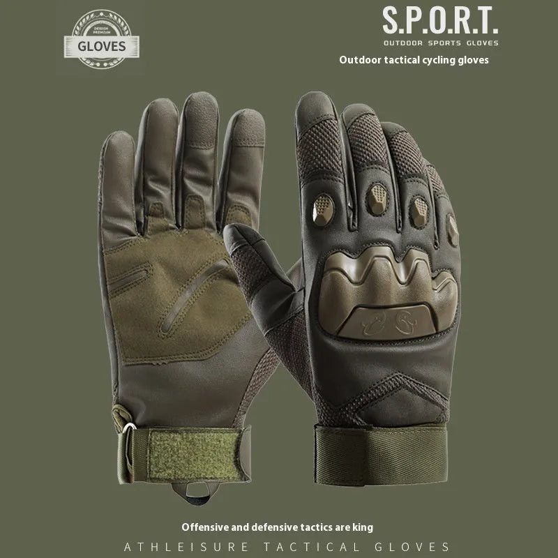 Men's black full finger tactical gloves with touch screen fingertips on a grey background.