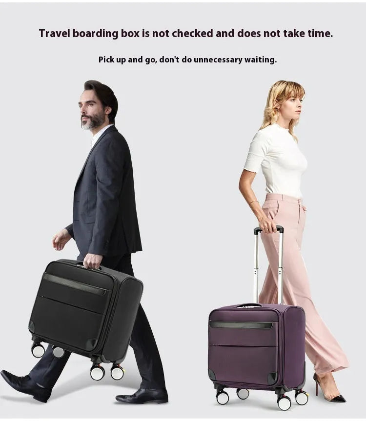 Black 18 inch Oxford cloth carry-on suitcase with retractable draw bar and universal wheels.