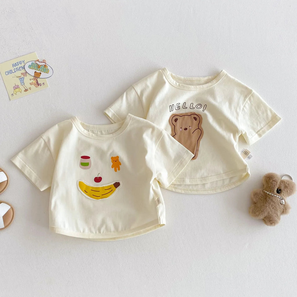 Children's bear patch cartoon T-shirt and shorts two-piece set in khaki colour, cotton-polyester blend, short sleeves and shorts