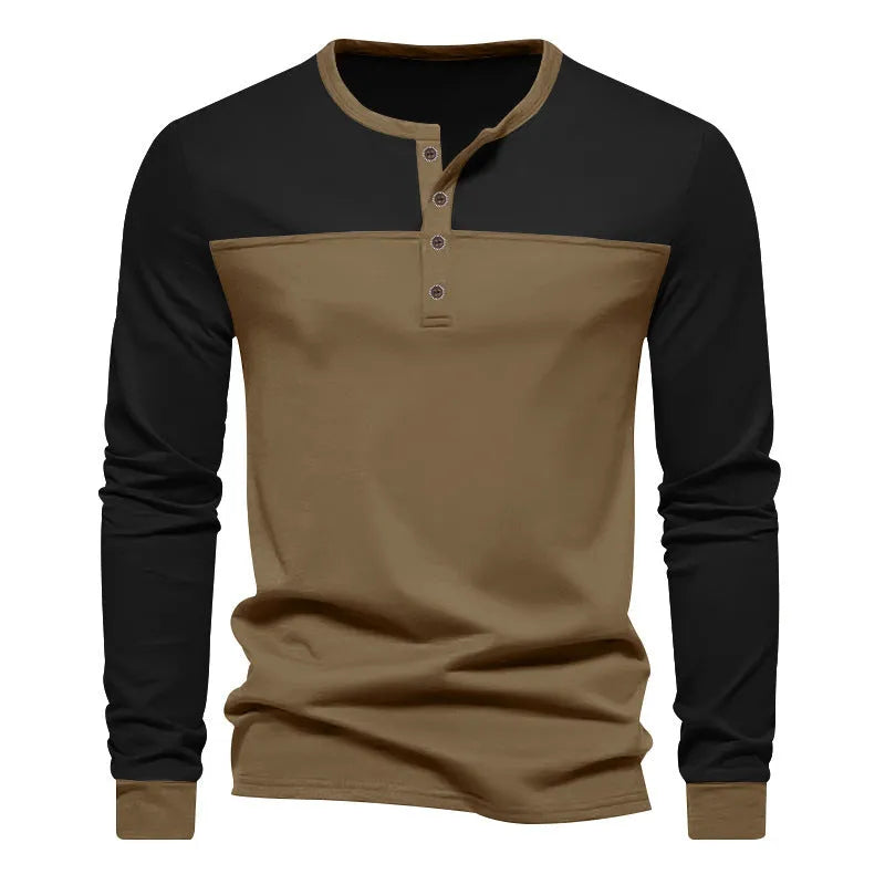 Men's retro colour block long sleeve base shirt in black and brown, loose fit polyester pullover