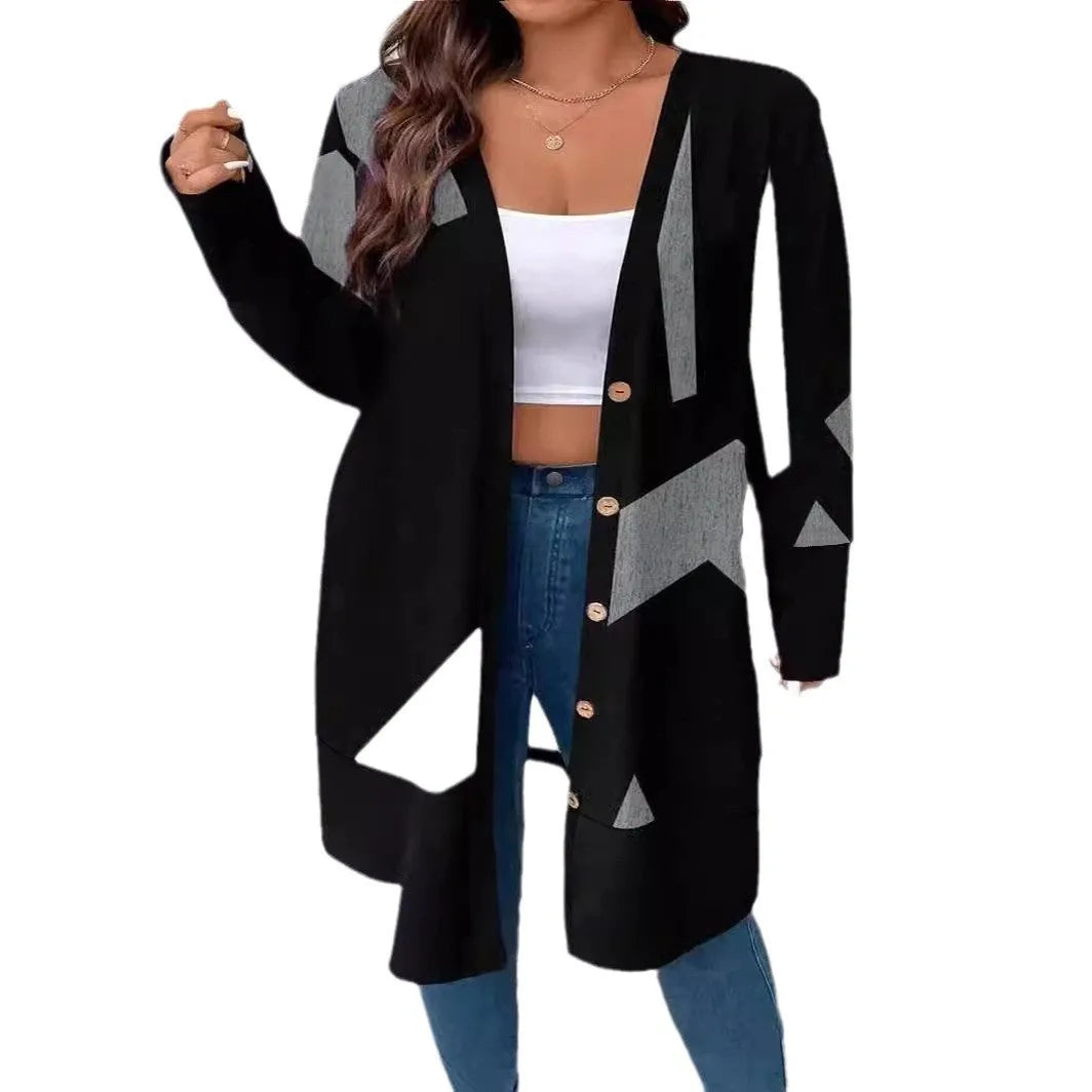 Black plus size loose fit cardigan coat with button stitching and printed details in Japanese Korean style