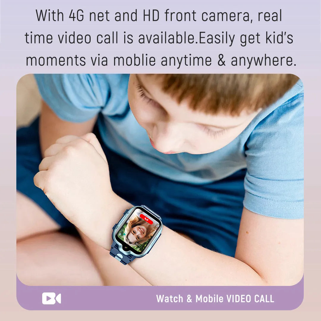 Children's 4G GPS locator video call watch with 1.66-inch touch screen, silicone strap, available in pink, blue, and black