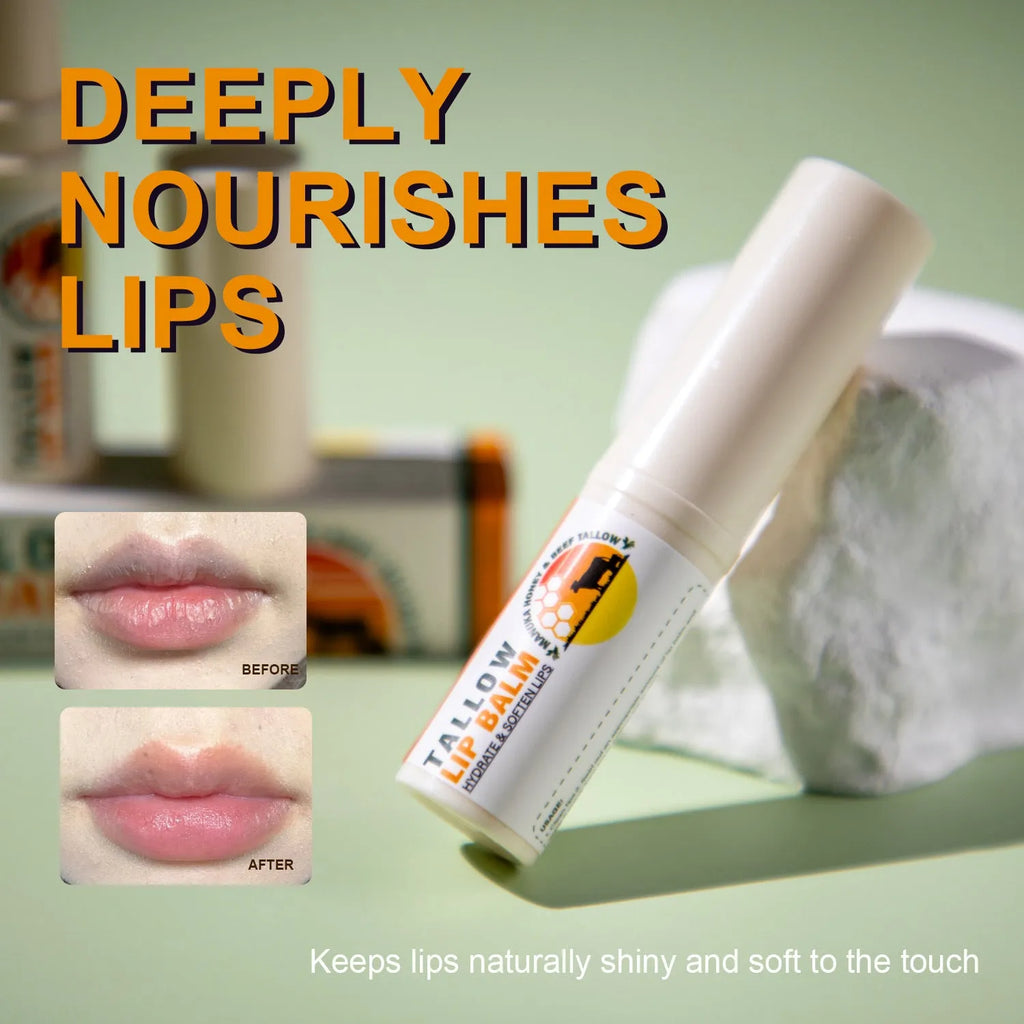 Tallow lip balm stick measuring 83mm by 19mm containing 5 grams of natural balm