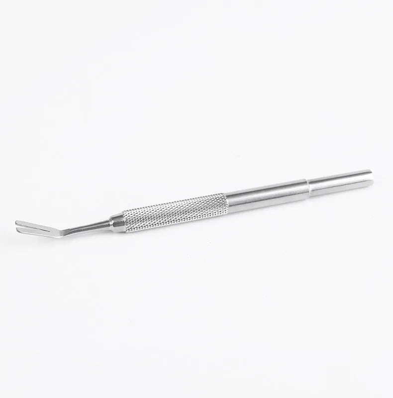 Silver stainless steel tick removal tweezers with fine tips and an ergonomic handle for pets.