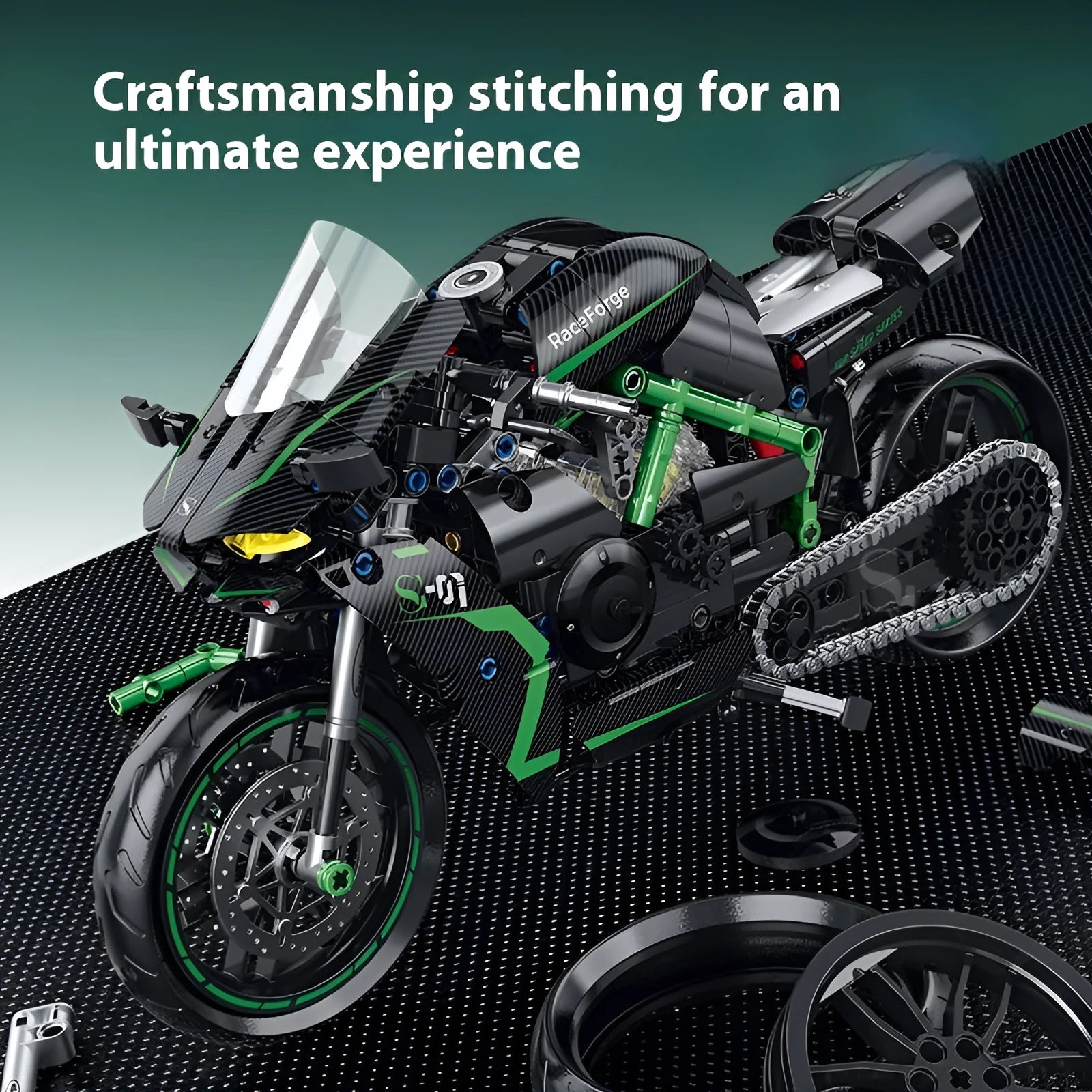 1:8 scale H2R motorcycle building block model made of small plastic particles for teenagers