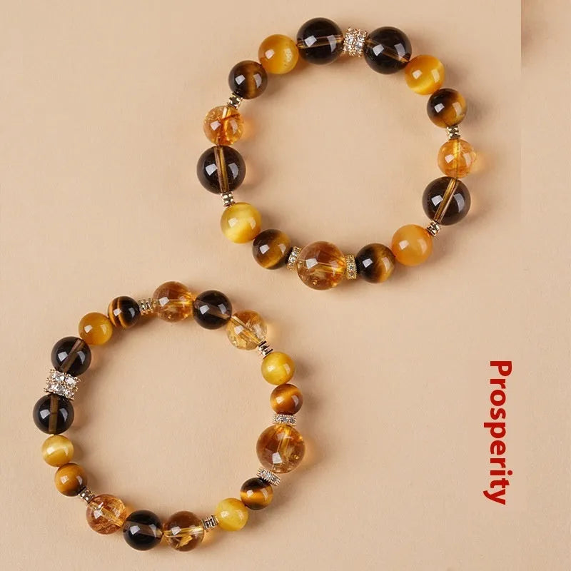 Natural yellow tower crystal and tiger-eye geometric bracelet with 10mm or 12mm bead options
