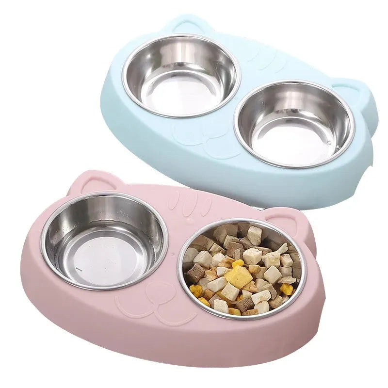 Blue plastic double-bowl pet feeder with non-slip rubber feet for cat or small dog food and water