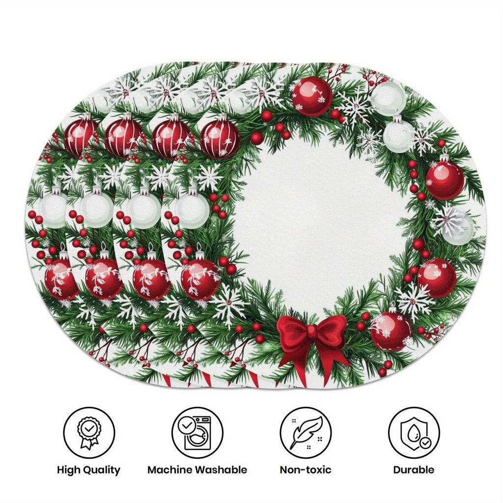 Round Christmas placemat 38x38cm polyester linen or dense hemp with festive bow holly snowflake garland design
