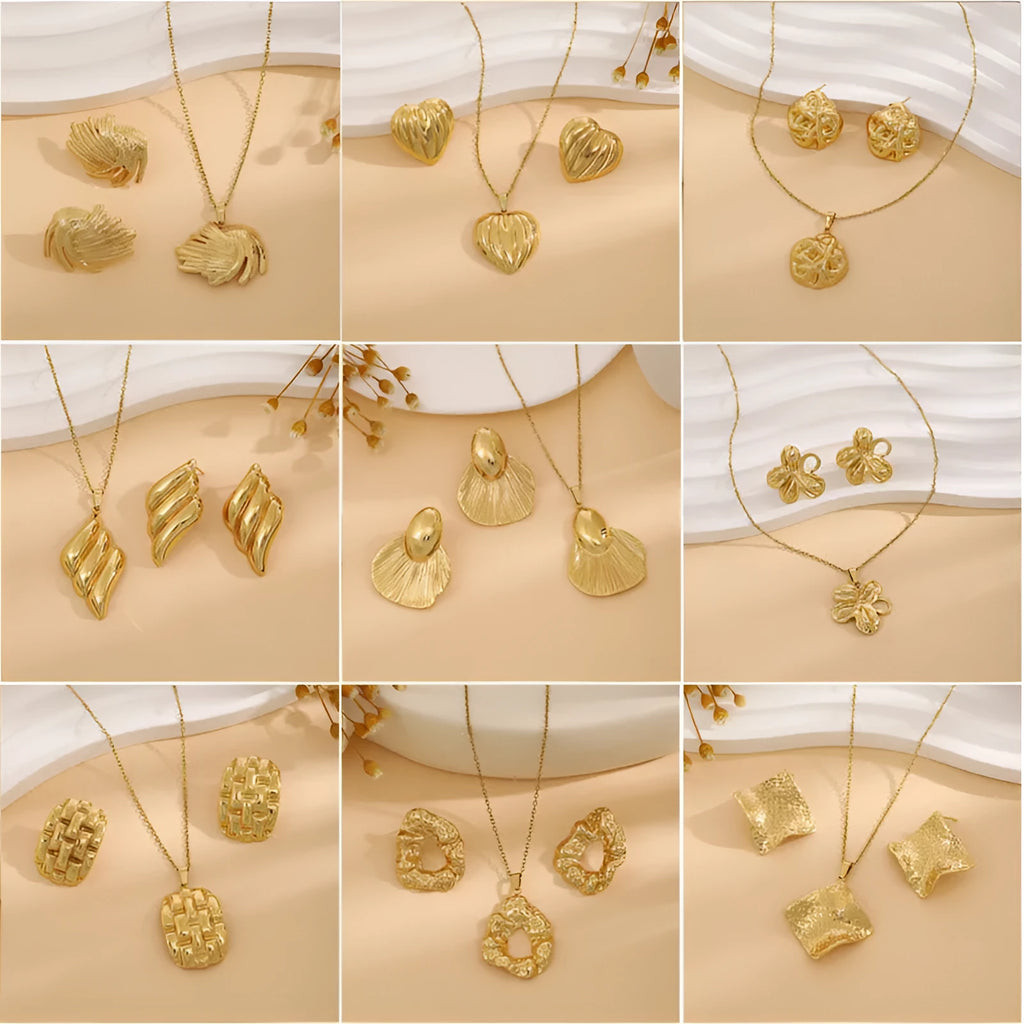 Geometric leaves and love heart earrings and necklace set in stainless steel electroplated finish multiple colour options