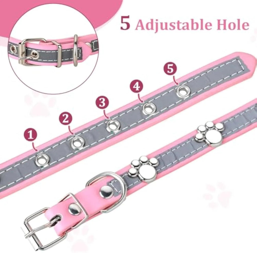 Reflective brown PU leather dog collar with a metal buckle and decorative paw rivet, shown on a size chart.