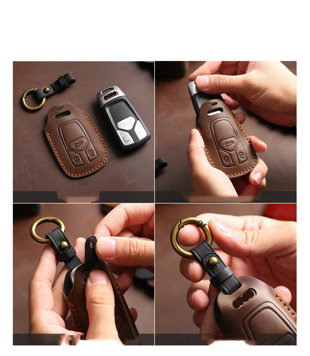 Crazy Horse leather car key case for 2 or 3 keys in cowhide with metal ring