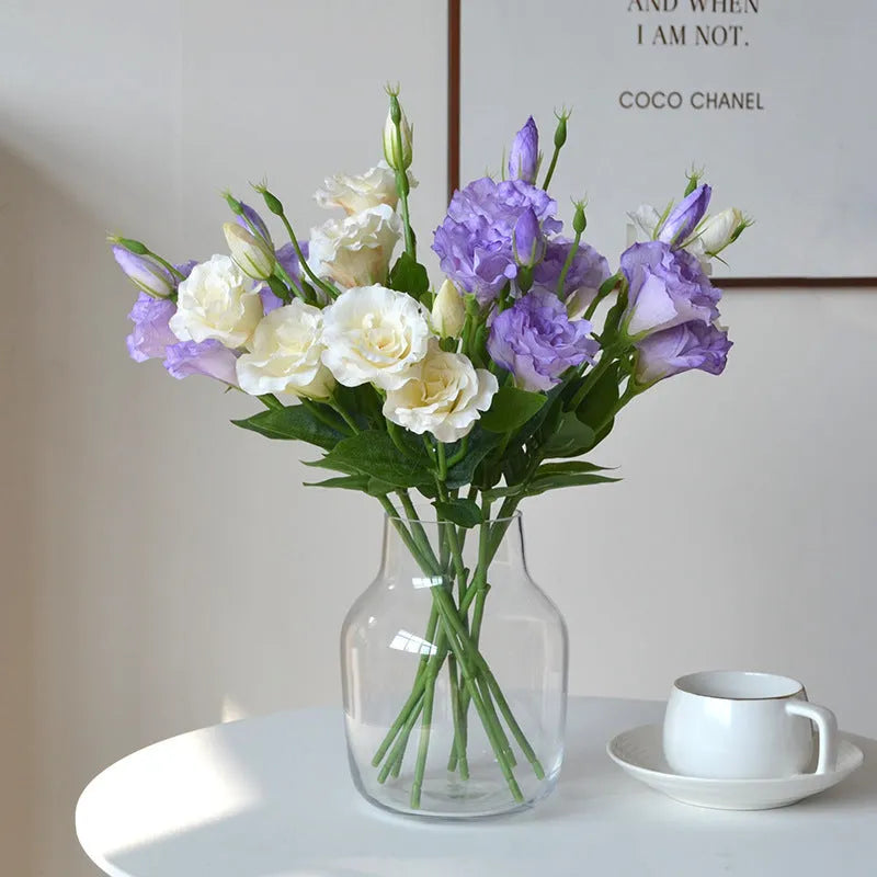 Artificial silk eustoma flower with 3 heads in beige colour, 22cm total length, on white background