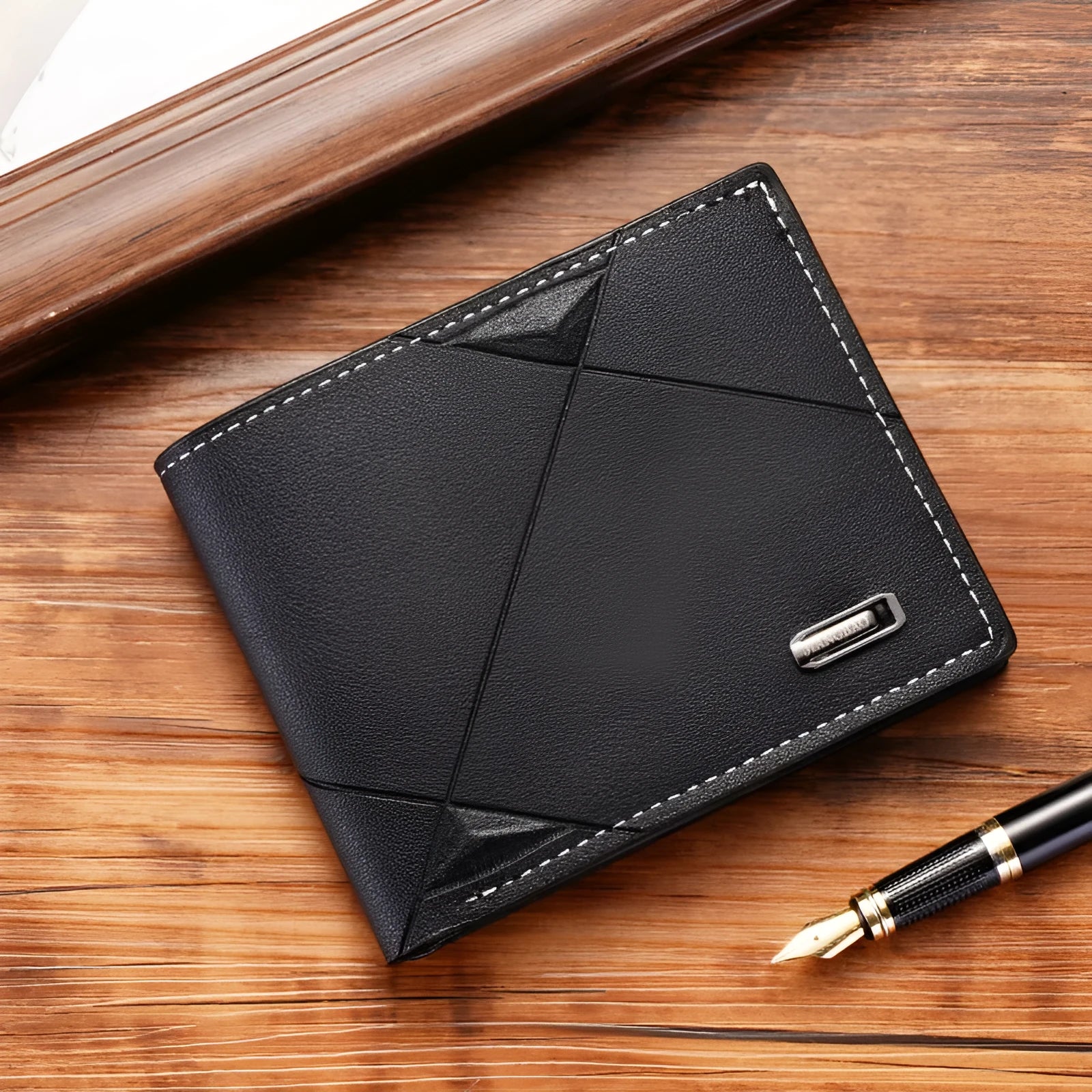 Men's three-fold PU leather wallet with multiple card slots in horizontal design