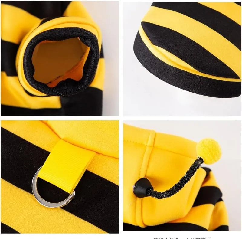 Bee antenna pet hoodie in yellow and black stripes with back belt hook, sizes XS to XXL