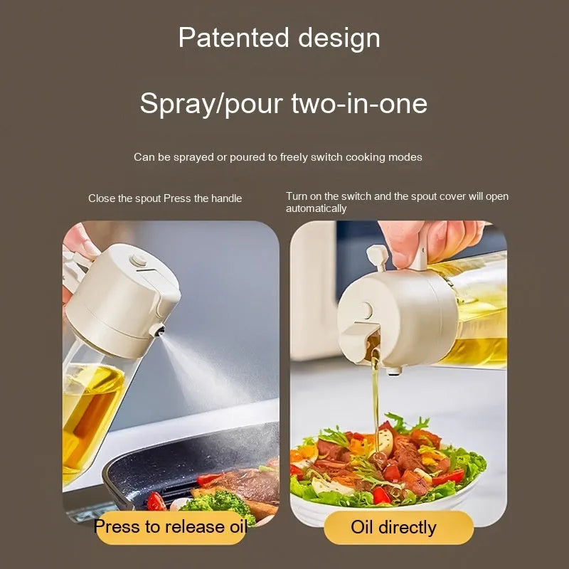 Glass olive oil sprayer bottle with ergonomic handle in beige, showing spray and pour functions.
