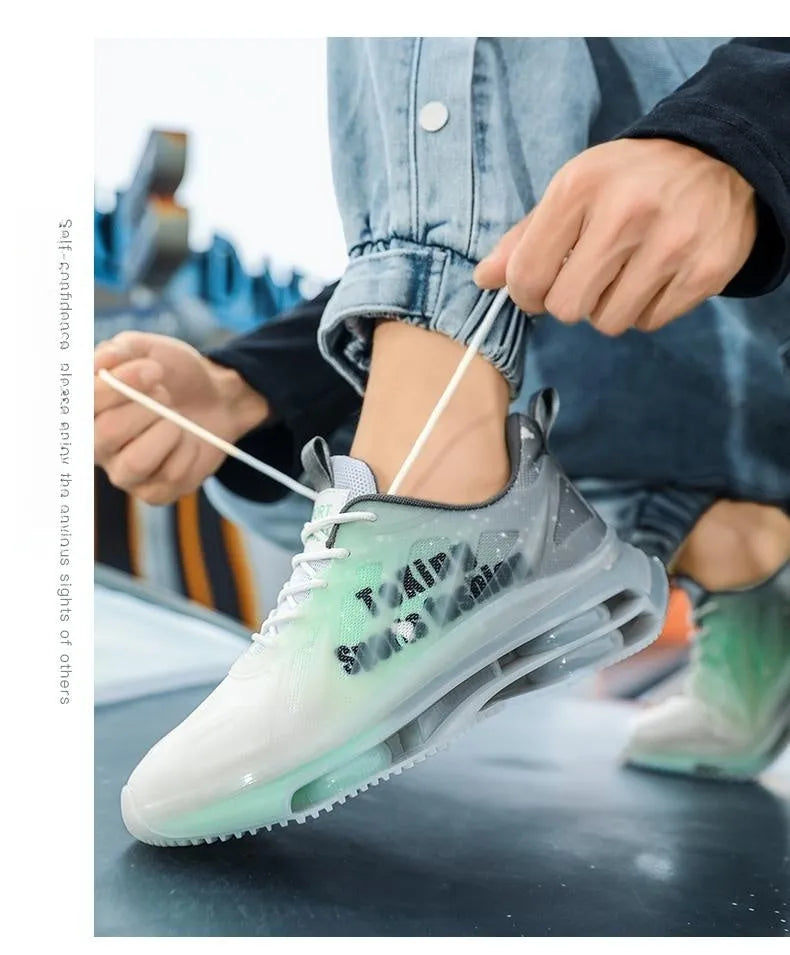 Men's black green casual platform shoes with mesh upper and rubber sole, shown with lace-up front.