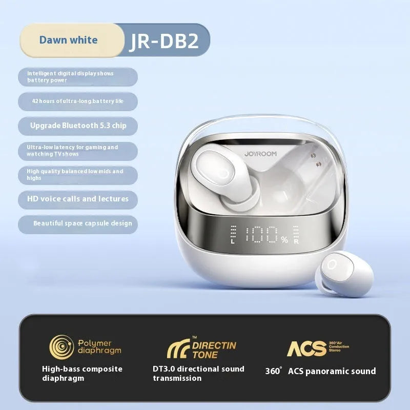 Dawn White wireless Bluetooth earbuds with charging case on a grey background.