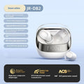 Dawn White wireless Bluetooth earbuds with charging case on a grey background.