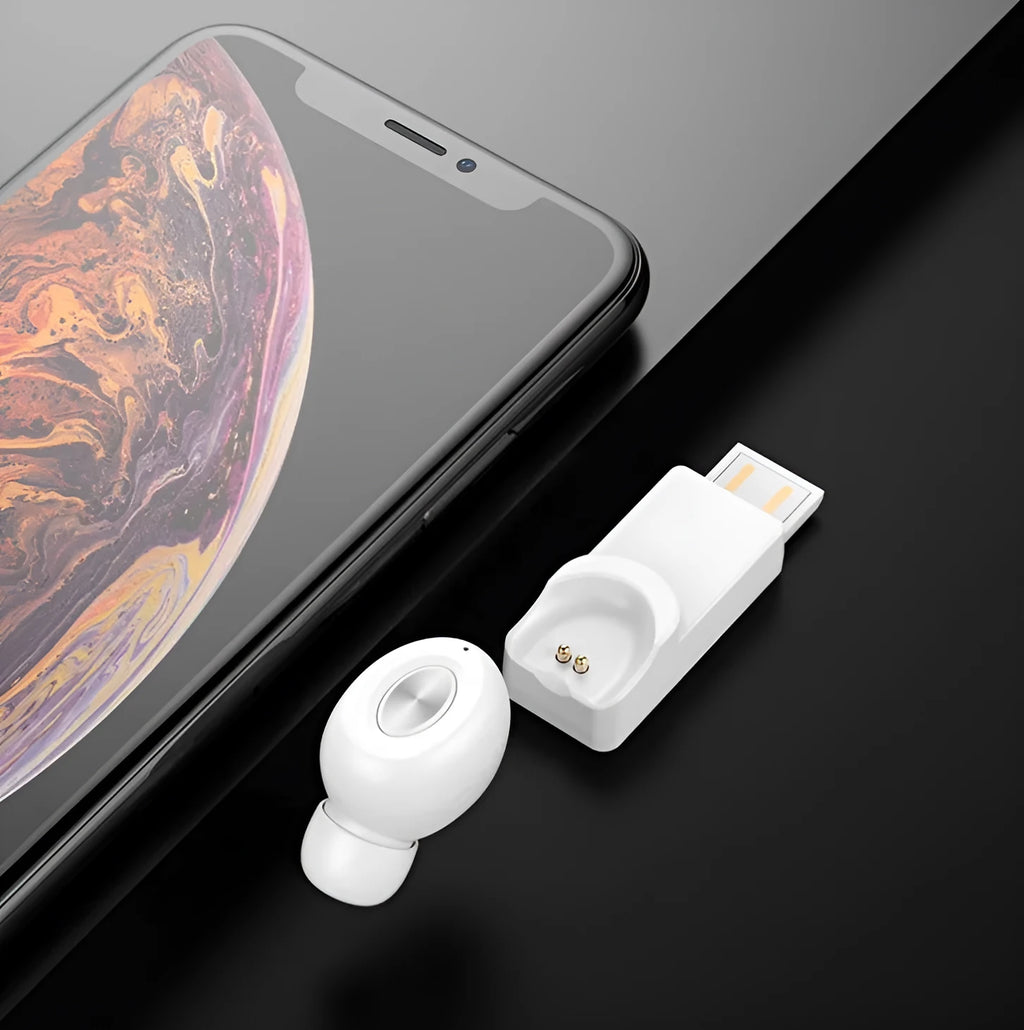 True wireless Bluetooth headset with magnetic charging base in black and white styles