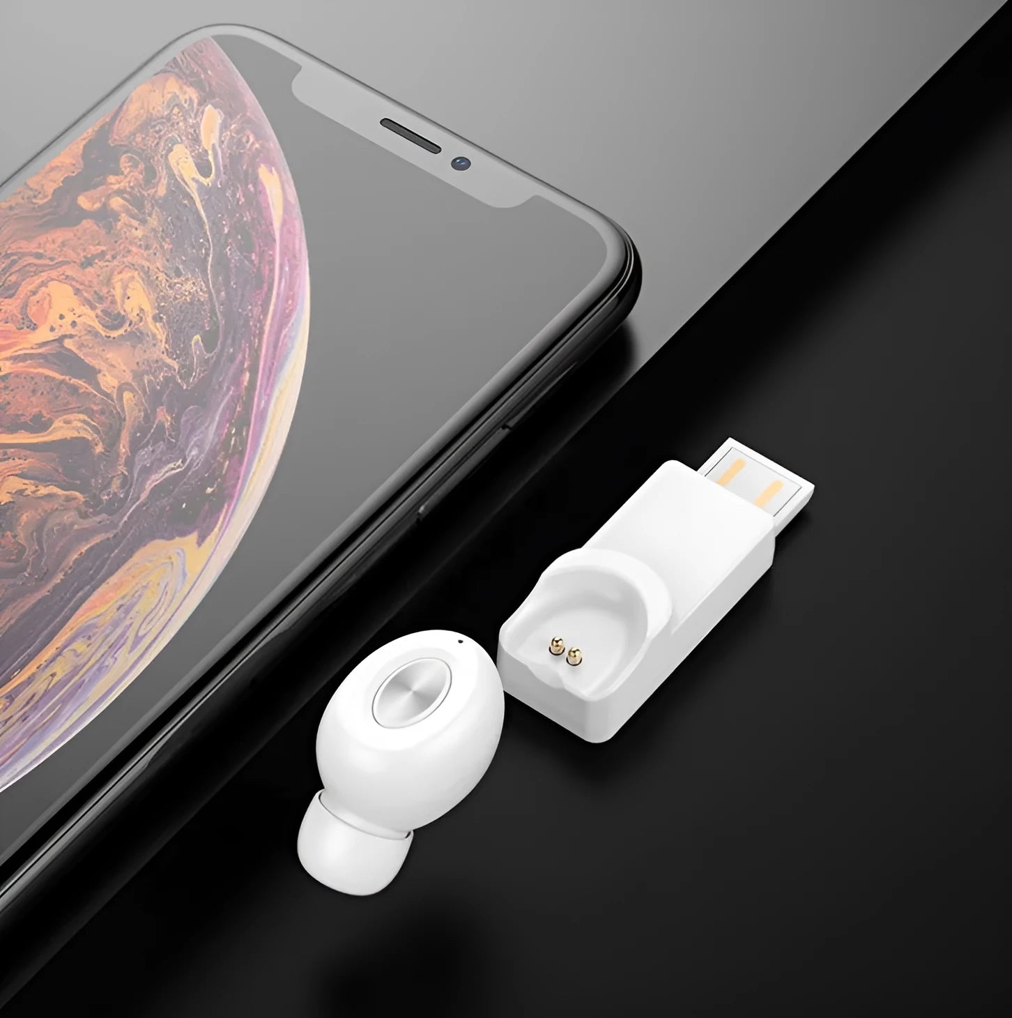 True wireless Bluetooth headset with magnetic charging base in black and white styles