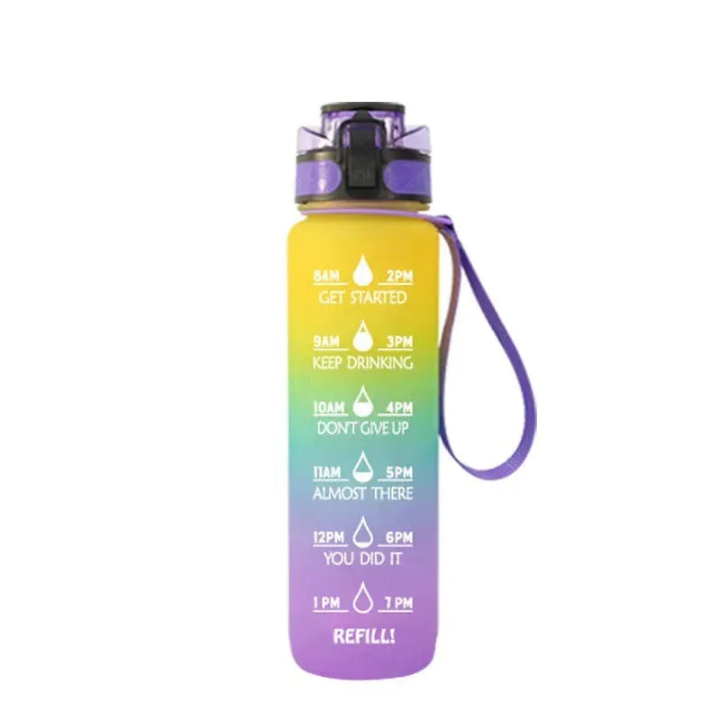 Clear plastic 1000ml sports water bottle with coloured lid and a fruit infuser straw inside.