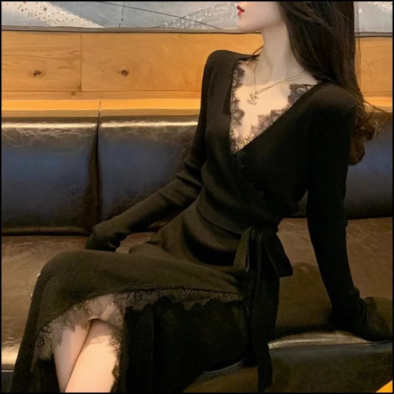 Black women's slim fit woolen skirt dress with a midi length and princess cut.
