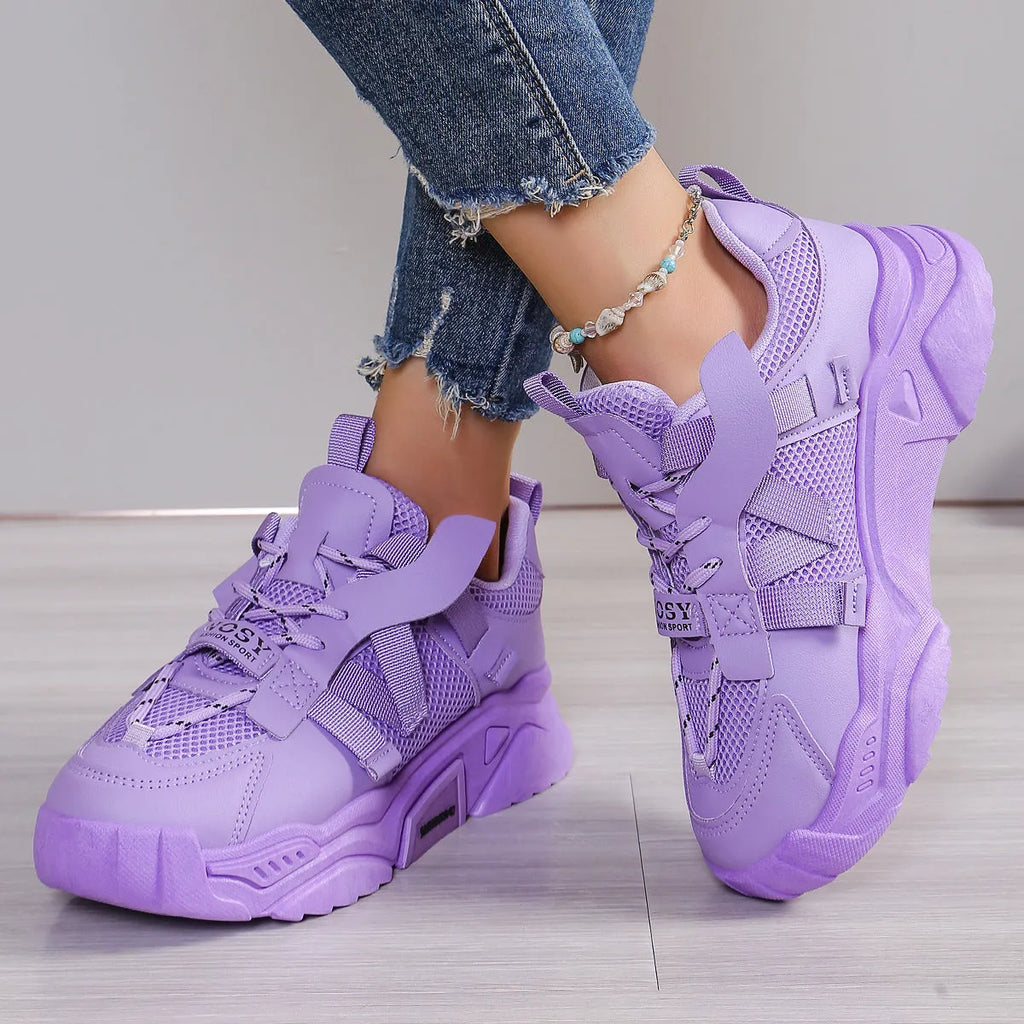 Women's platform mesh dad shoes in purple, green, white, pink, or yellow with front lace-up fastening