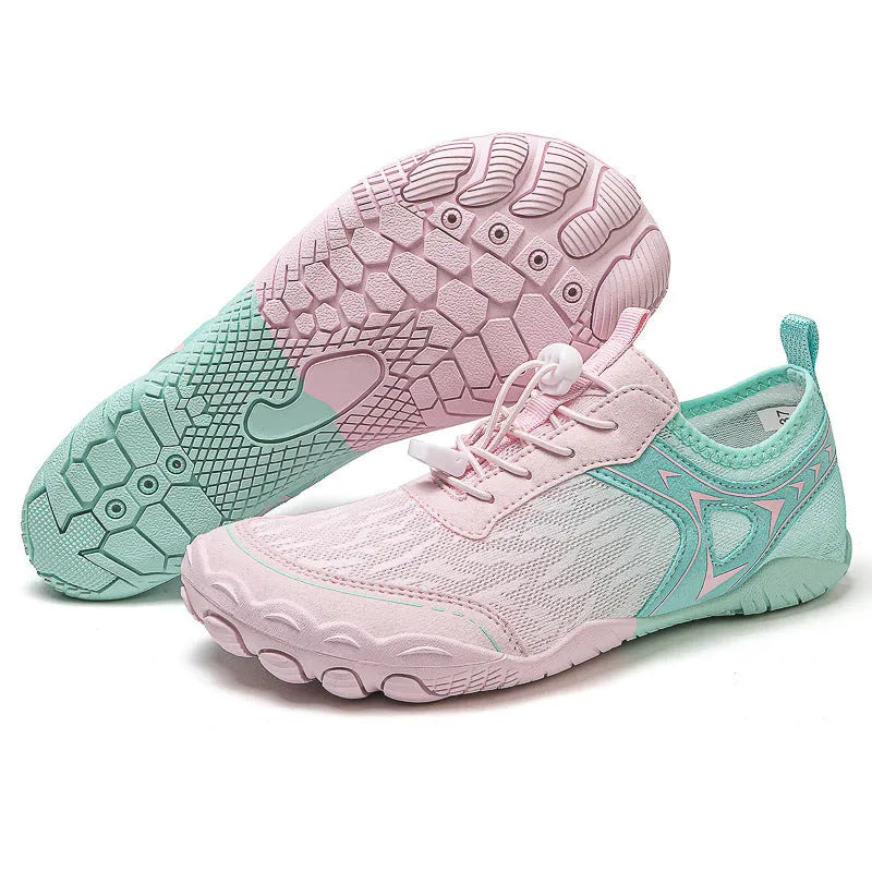 Five finger water shoes in army green with non-slip rubber sole and elastic Lycra upper.