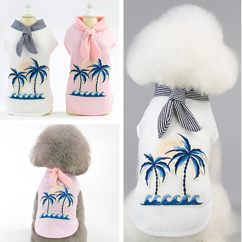 Pink cotton dog coat with coconut tree embroidery on a white background, size M shown