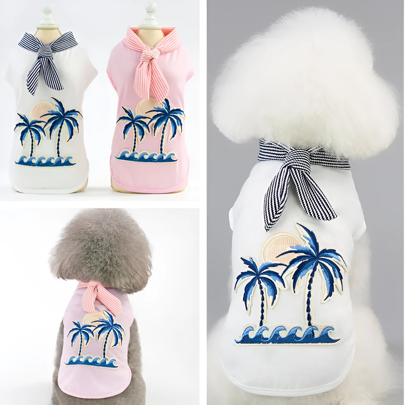 Pink cotton dog coat with coconut tree embroidery on a white background, size M shown